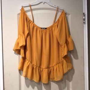 Missguided Mustard Frill Hem Cold Shoulder Blouse